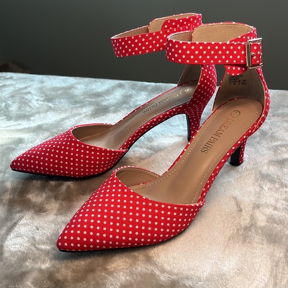 Red & White super cute sexy low heels Anke strap fabric  size 7 ladies - Picture 4 of 11